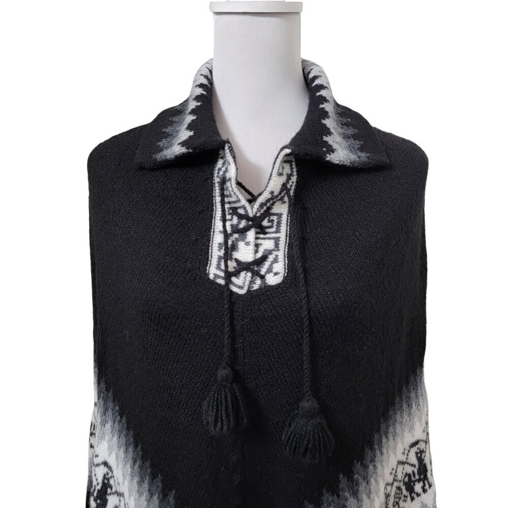 Alpaca Connection Size: One Size Black & White Alpaca Fringed Knit Poncho - Picture 2 of 9